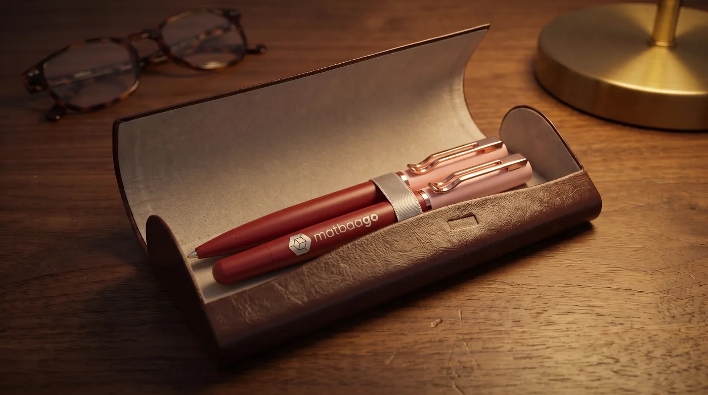 Rose gold klipsli kalem ikilisi — örnek logo uygulamasıyla