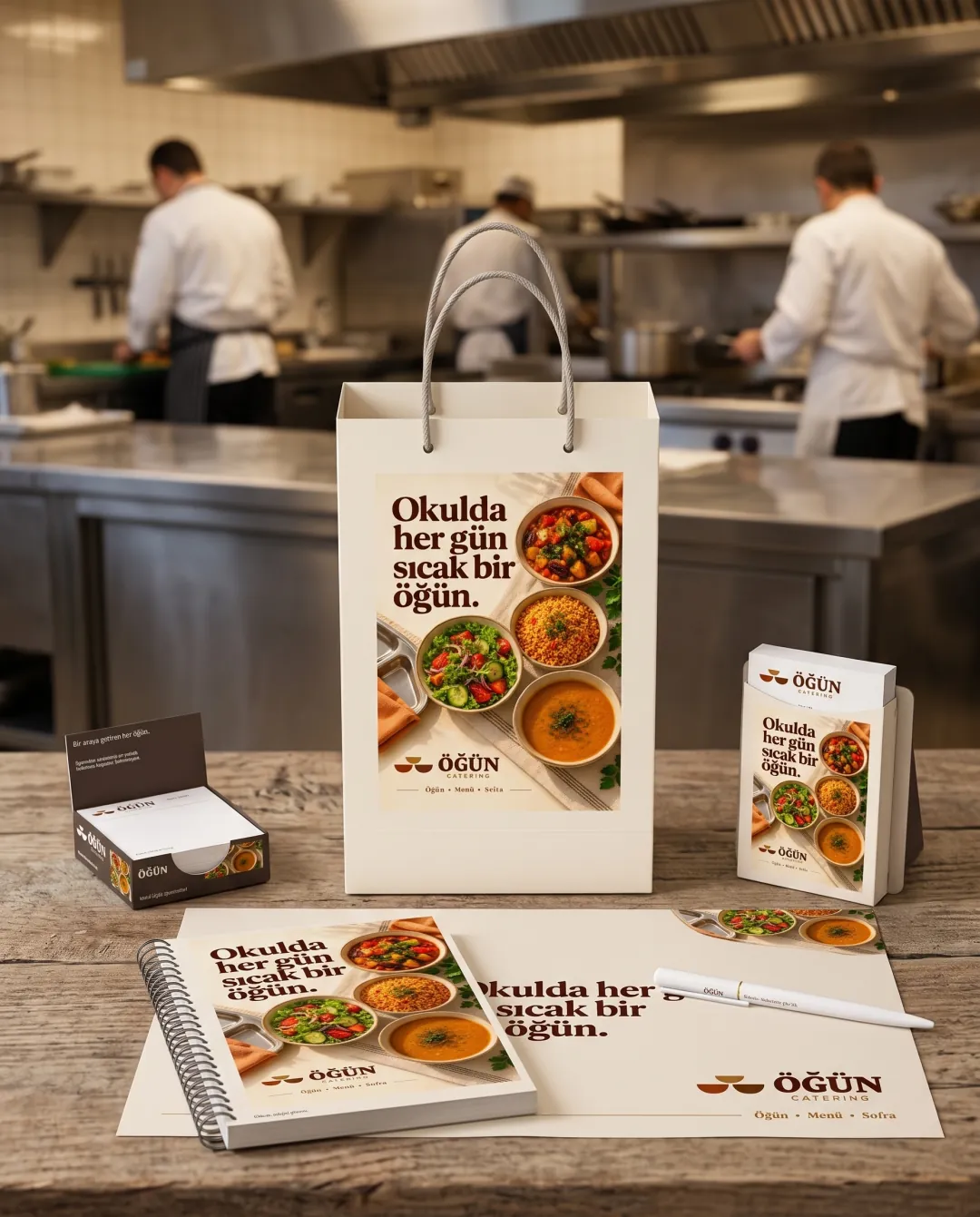 Catering firmaları için örnek yılbaşı seti: Öğün Catering logolu Ekip Seti