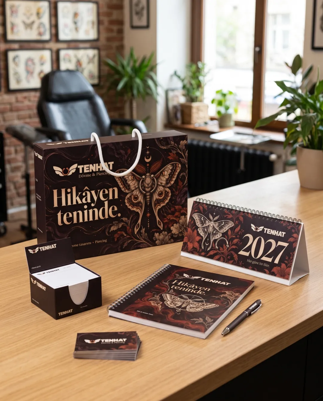 Dövme stüdyoları için örnek yılbaşı seti: Tenhat Dövme & Piercing logolu Marka Seti Premium