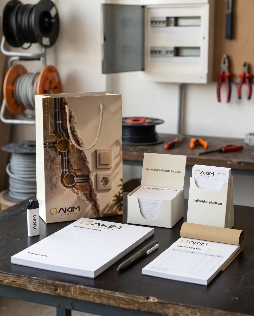 Elektrik tesisatçıları için örnek yılbaşı seti: Akım Elektrik logolu Hoş Geldin Seti Premium