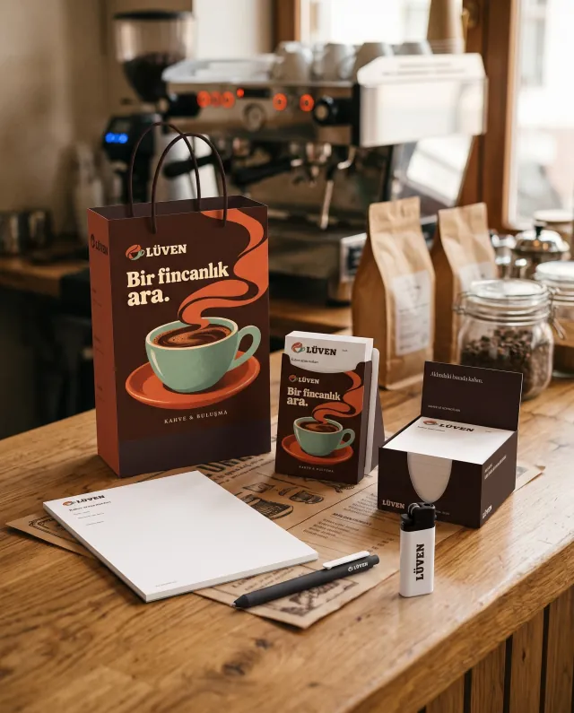 Kafe: örnek firmanın logolu seti kendi işyerinde