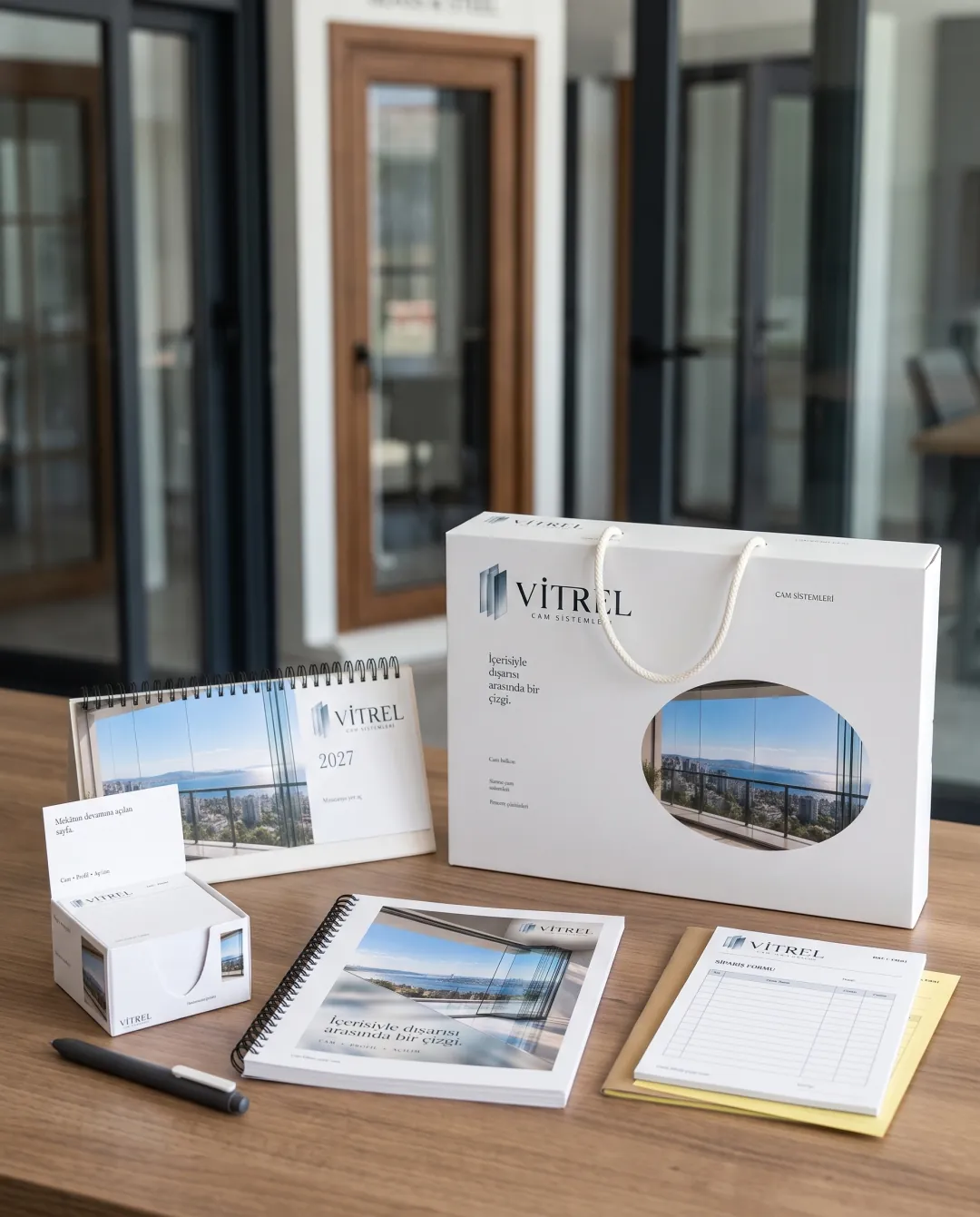 Kapı ve pencere bayileri için örnek yılbaşı seti: Vitrel Cam Sistemleri logolu Marka Seti Premium