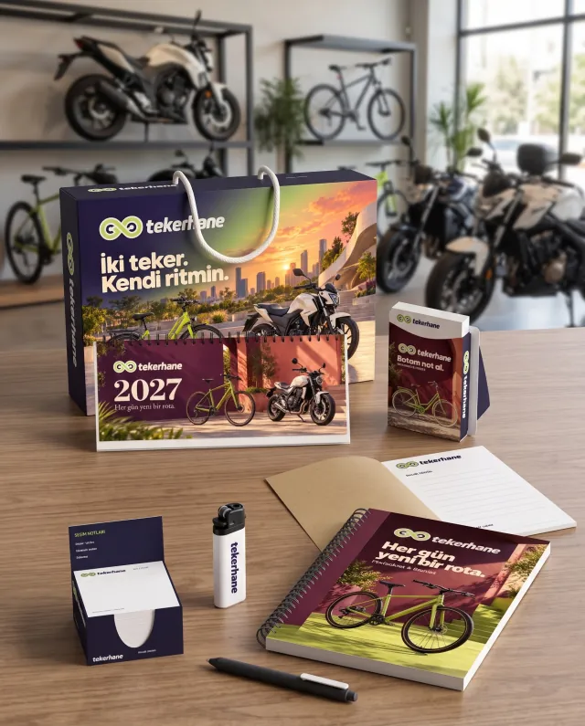 Motosiklet ve Bisiklet Bayisi: örnek firmanın logolu seti kendi işyerinde
