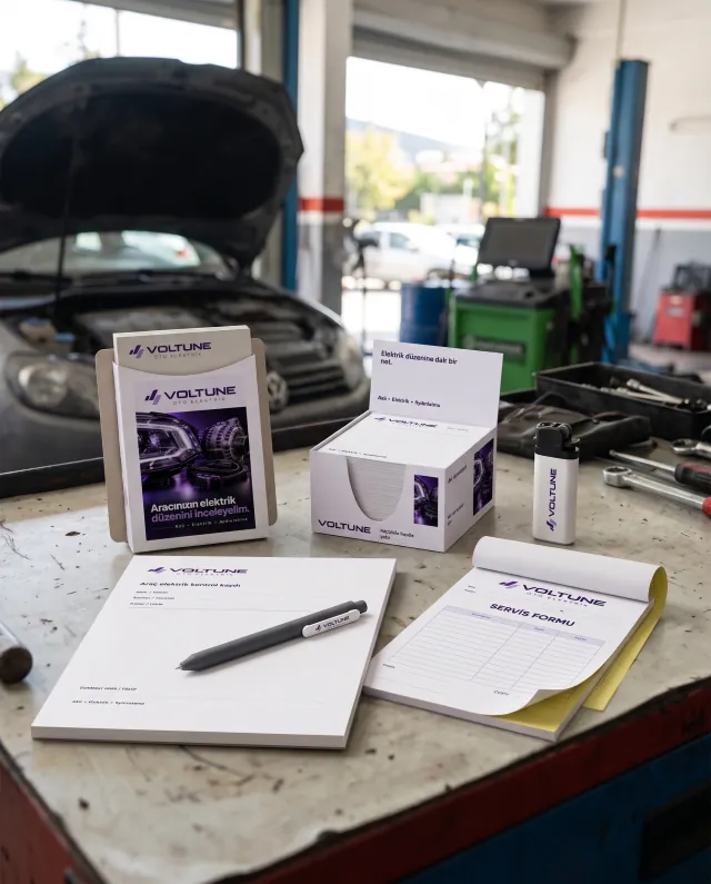 Oto Elektrik: örnek firmanın logolu seti kendi işyerinde