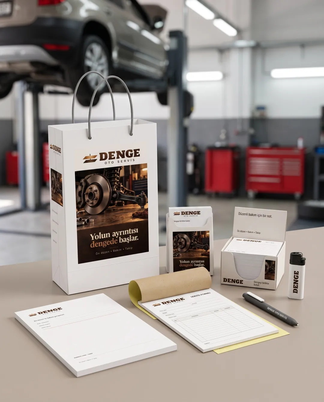Oto servisler için örnek yılbaşı seti: Denge Oto Servis logolu Hoş Geldin Seti Premium