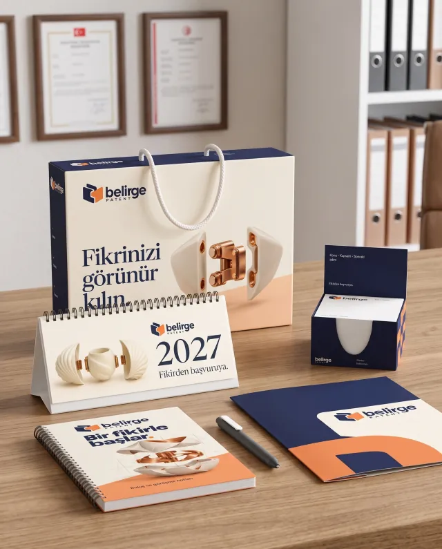 Patent ve Marka Vekili: örnek firmanın logolu seti kendi işyerinde