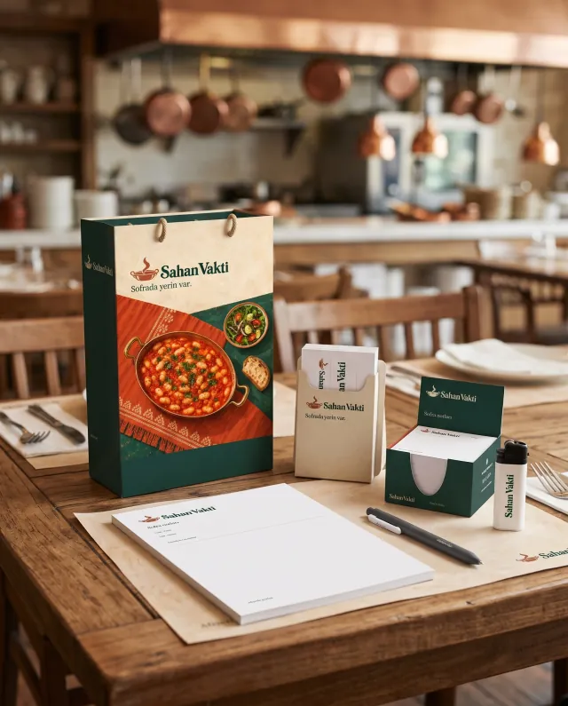 Restoran: örnek firmanın logolu seti kendi işyerinde