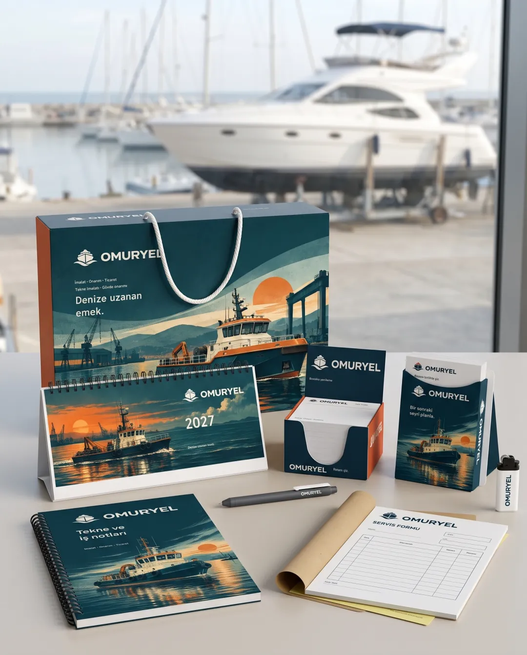 Tekne ve yat firmaları için örnek yılbaşı seti: Omuryel Denizcilik logolu Prestij Seti Premium