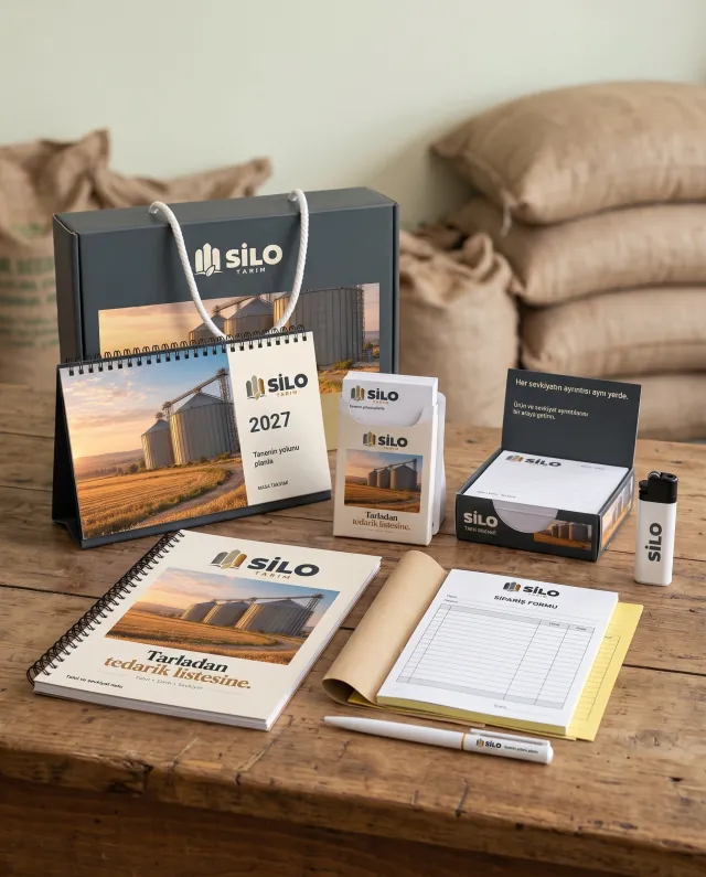 Zahire ve Yem: örnek firmanın logolu seti kendi işyerinde