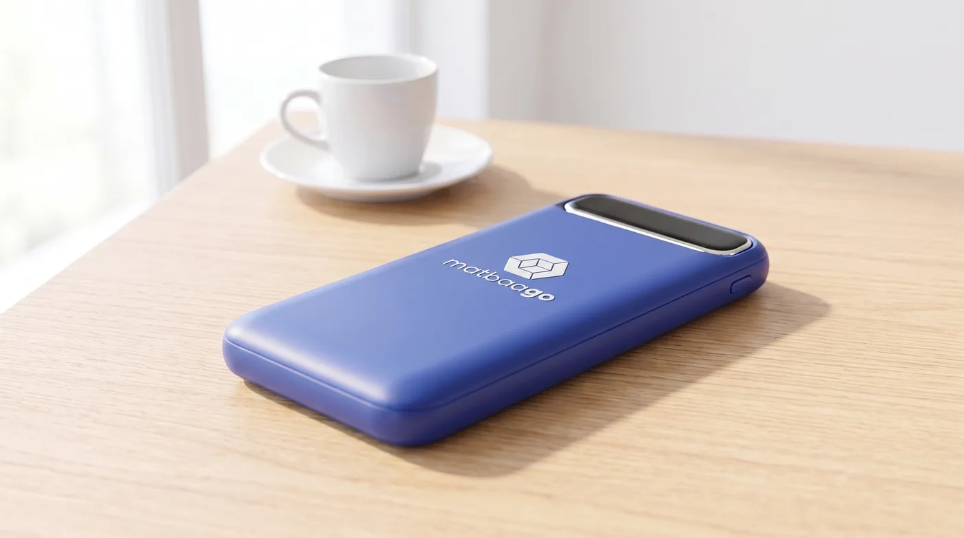 LCD ekranlı hızlı şarj powerbank — örnek logo uygulamasıyla