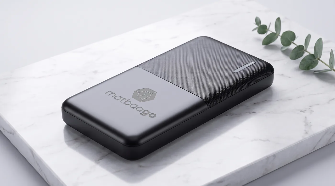 LED göstergeli dokulu powerbank — örnek logo uygulamasıyla