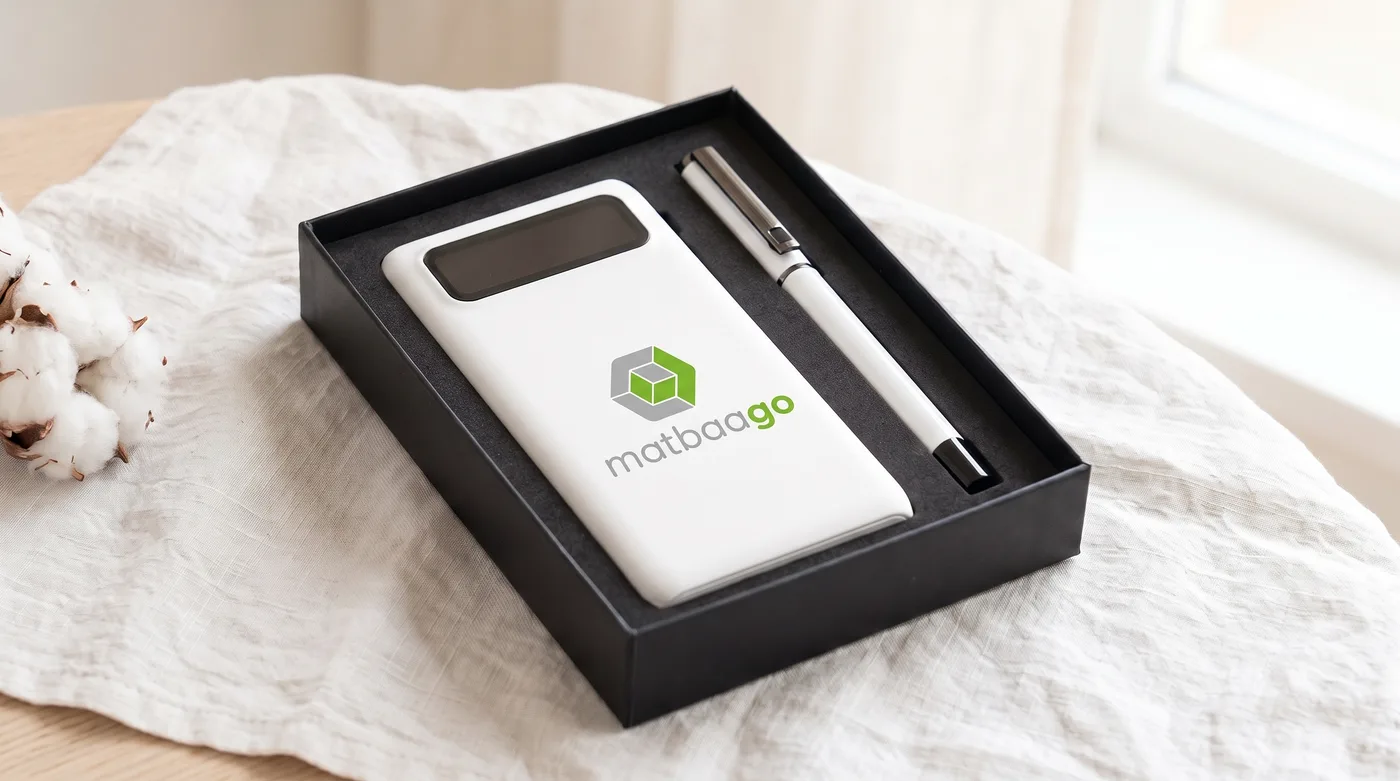 Powerbank ve kalem hediye seti — örnek logo uygulamasıyla